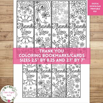 Preview of Thank You Coloring Bookmarks with Flowers, Fun Teacher Appreciation Cards Craft