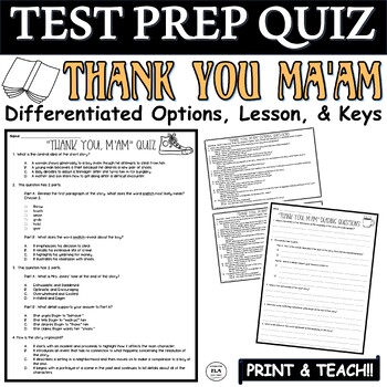 Preview of Thank You Ma'am Quiz Langston Hughes Short Stories Reading Test Prep Questions