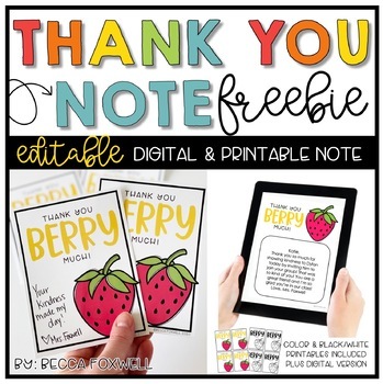 Preview of Thank You Note Freebie - EDITABLE | Printable | Digital