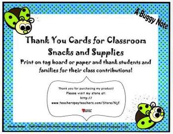 Thank You Notes for Class Snacks and Supplies-Buggy Theme by NJF