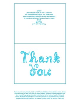 thank you note card printable with aqua blue fabric font letters blank inside