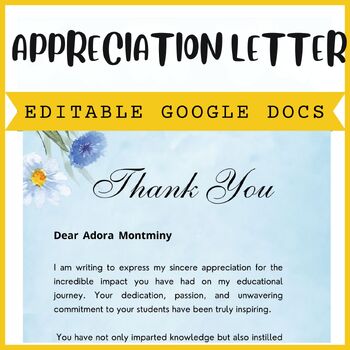 Preview of Thank you, End of year Editable Teacher Appreciation Template | Google Docs