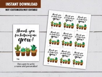 Thank You For Helping Me Grow Gift Teacher Cactus Suculent Card Ideas