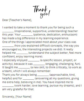 Preview of Thank you letter to a teacher with fill-in-the-blanks and a word bank