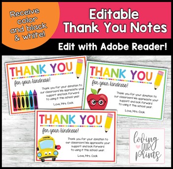 Preview of Thank you notes for classroom donations, Editable Thank you notes