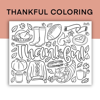 Preview of Thankful Coloring Page, Thanksgiving Worksheet, Gratitude Activity