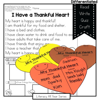 Preview of Thankful Heart / Gratitude - Literacy and Craft
