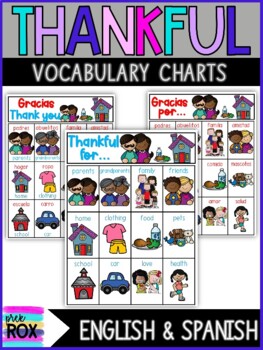 Preview of Thankful for Vocabulary Charts | Spanish English Dual Language | Thanksgiving