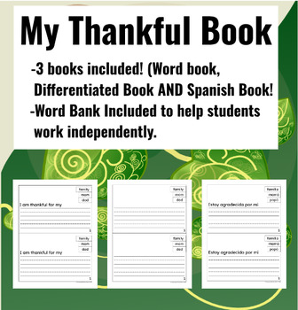 Preview of Thankful writing book Thanksgiving Gratitude Sight words word bank Bonus SPANISH