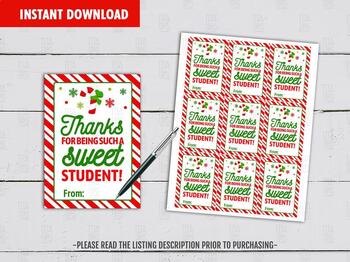 Preview of Thanks For Being Such A Sweet Student Gift Tag, Candy Cane Printable Favor Tags
