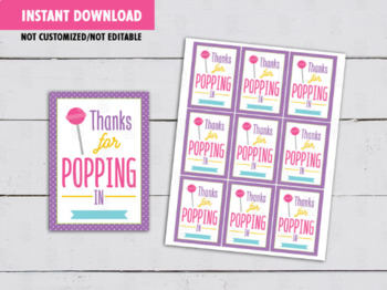 Preview of Thanks for Poppin' in Gifts Tags, Candy Sucker, Lollipop Favors Card