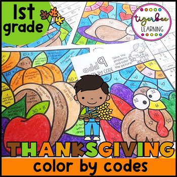 Preview of Thanksgiving math color by codes | First grade math worksheets