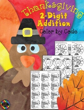 Preview of Thanksgiving 2-Digit Addition with Regrouping Color-by-Code Printables