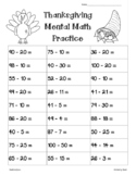 Thanksgiving 2-Digit Mental Math Subtraction Worksheet