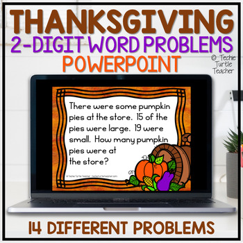 Preview of Thanksgiving 2-Digit Addition & Subtraction Word Problems Practice Presentation