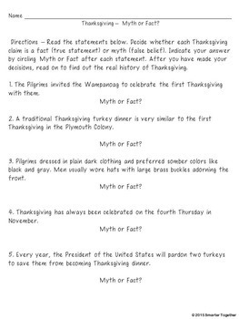 Thanksgiving Activities - Myth or Fact? - Reading Comprehension | TpT