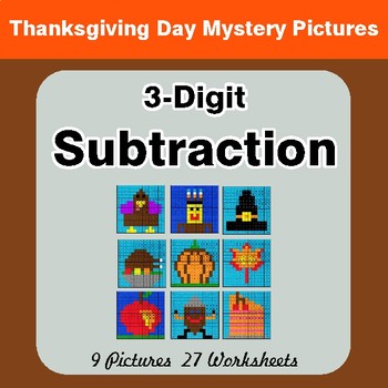 Thanksgiving: 3-Digit Subtraction - Color-By-Number Math Mystery Pictures