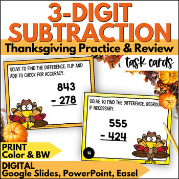 Preview of Thanksgiving 3 Digit Subtraction with Regrouping Task Cards- Review & Practice