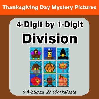 Thanksgiving: 4-Digit by 1-Digit Division - Color-By-Number Math Mystery Pictures