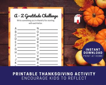 Thanksgiving A - Z Gratitude Worksheet, What I'm Thankful For Activity