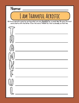 Preview of Thanksgiving Acrostic Poem Writing Worksheet: Letters for Thankful FUN ELA Write
