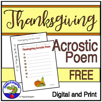 Preview of Thanksgiving Acrostic Poem for Thankful with Easel Activity FREE
