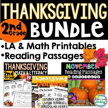 Preview of Thanksgiving Activities 2nd Grade Bundle with Writing Grammar Phonics and Math
