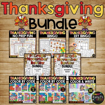 Preview of Thanksgiving Activities BUNDLE Fun Worksheets Bingo Color by Number Pages