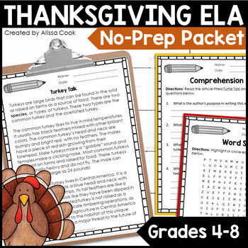 Preview of Thanksgiving Activities ELA and Reading | Middle School Printables