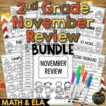 Preview of Thanksgiving Activities Math and ELAR Review November BUNDLE 2nd Grade No Prep