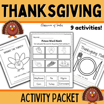 Preview of Thanksgiving Activities Packet - Literacy Math - Fun November No Prep Worksheets