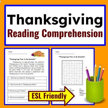 Preview of Thanksgiving Activities: Reading Comprehension Thanksgiving ESL Friendly 