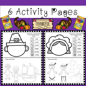 Thanksgiving Activities Worksheets - (Roll a Face + Trace and Color)