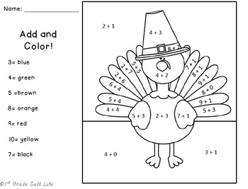 Thanksgiving Add and Color by 1st Grade Salt Life | TpT