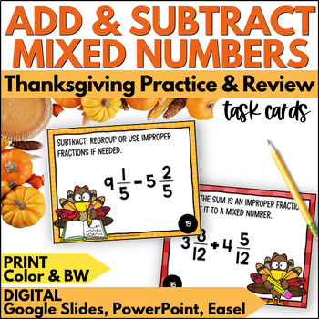 Preview of Thanksgiving Adding & Subtracting Mixed Numbers Task Cards - Review & Practice