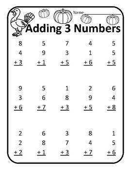 Thanksgiving Adding Three Addends Thanksgiving Adding 3 Numbers 