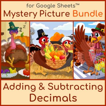 Preview of Thanksgiving Adding and Subtracting Decimals Mystery Picture Pixel Art Bundle