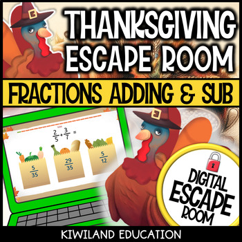 Preview of Thanksgiving Adding and Subtracting Fractions Digital Escape Room Games