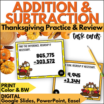 Preview of Thanksgiving Addition & Subtraction with Regrouping Task Cards - Practice Review