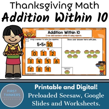Preview of Thanksgiving Addition Within 10 Worksheets and Digital Fall Math Activities