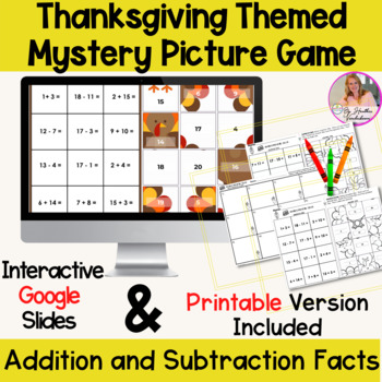 Preview of Thanksgiving Addition and Subtraction Facts Mystery Digital and Printable Game