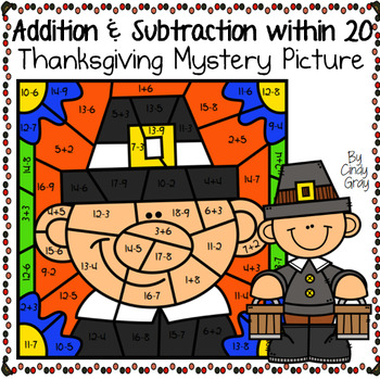 Preview of Thanksgiving ~ Addition and Subtraction Within 20 ~ Color by Code ~ Pilgrim Boy
