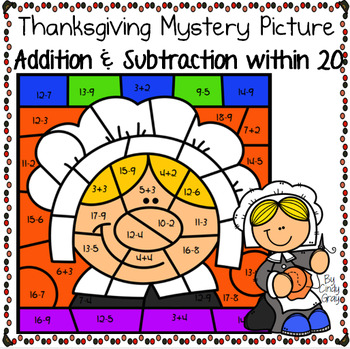Preview of Thanksgiving ~ Addition and Subtraction Within 20 ~ Color by Code ~ Pilgrim Girl