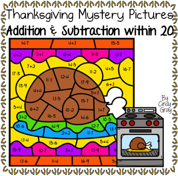 Preview of Thanksgiving ~ Addition and Subtraction Within 20 ~Color by Code ~Turkey Platter