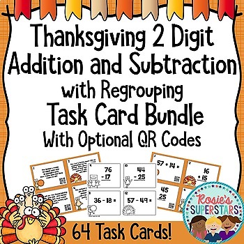 Preview of Thanksgiving Two Digit Addition and Subtraction with Regrouping Task Card Bundle