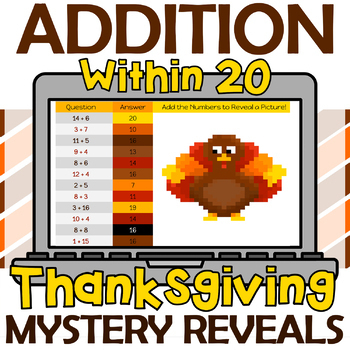 Preview of Thanksgiving Addition within 20 - fall mystery reveal pixel art activities