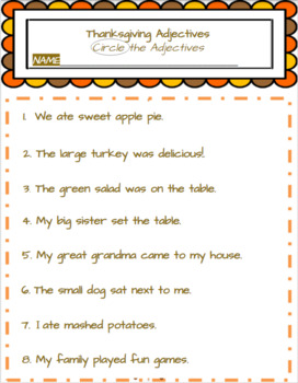 Preview of Thanksgiving Adjectives (Editable) Worksheets