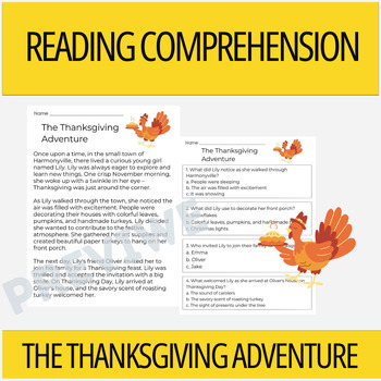 Preview of Thanksgiving Adventure - Reading Comprehension Passages and Questions 1st Grade