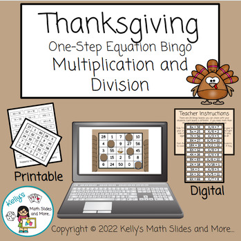Preview of Thanksgiving Algebra 1-step Equation Bingo Game (mult. & divide) Digital & Print