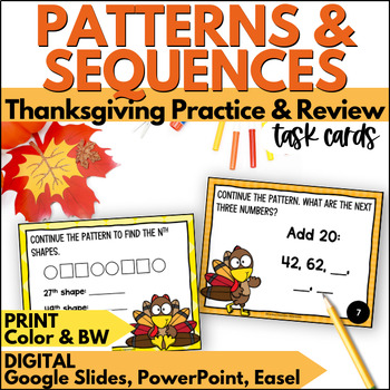 Preview of Thanksgiving Algebraic Number Patterns Task Cards - November Practice and Review
